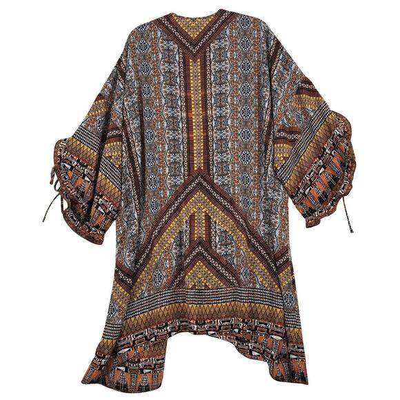 Cato Kimono Plus One Size Brown Yellow Ruffle Tie Sleeve Open Cover Up Duster - Picture 5 of 9